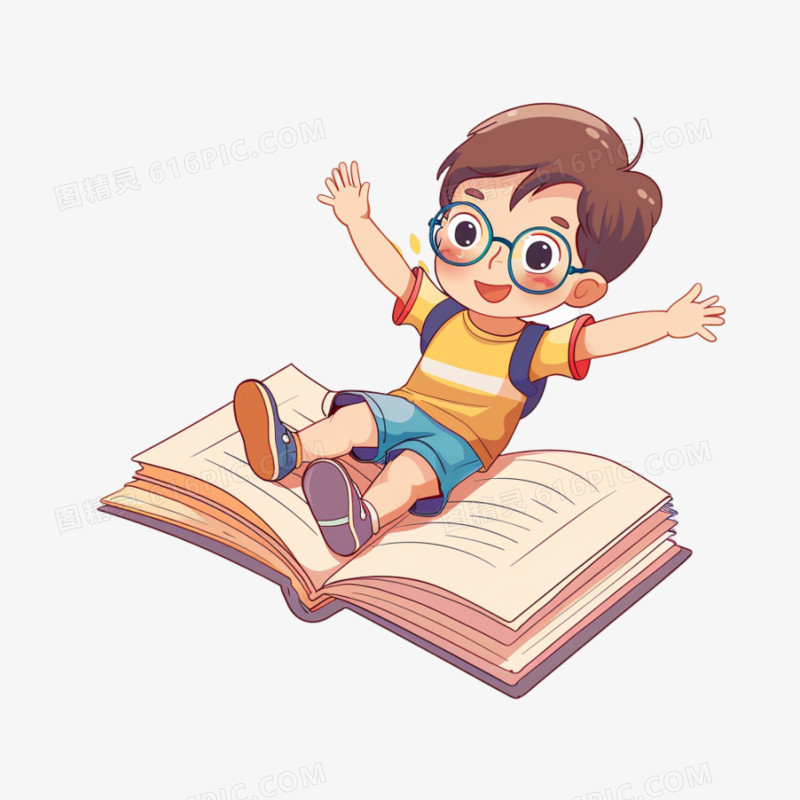 卡通小孩儿童开心的坐在书上免抠元素
