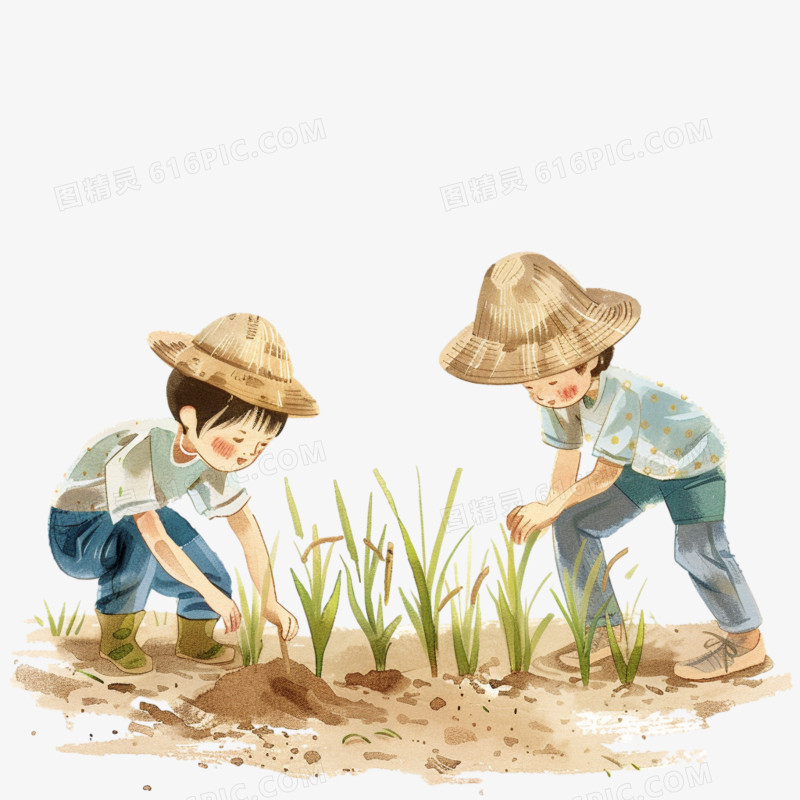 春天农民在田地里种植水稻卡通元素