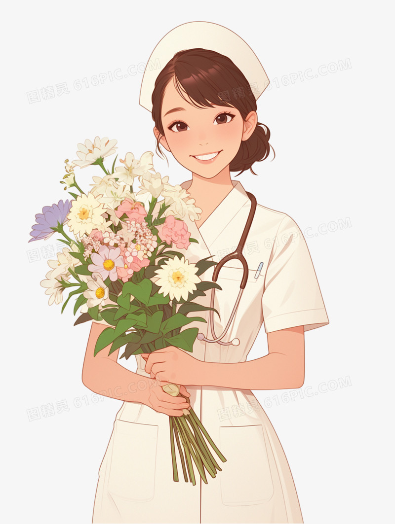 护士节卡通手绘抱着鲜花的护士形象