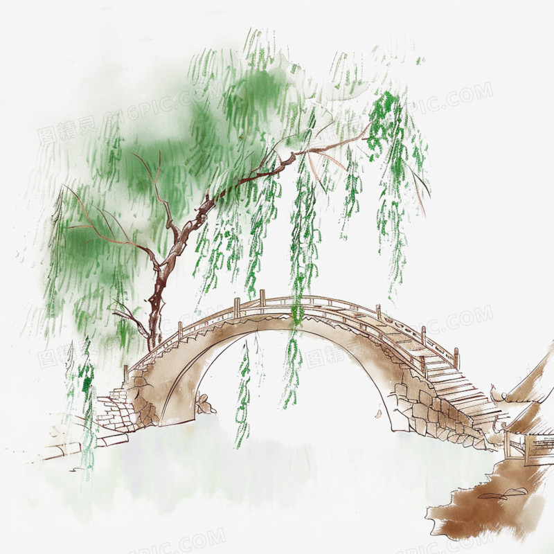 春天柳树柳枝石桥中国风手绘免抠元素