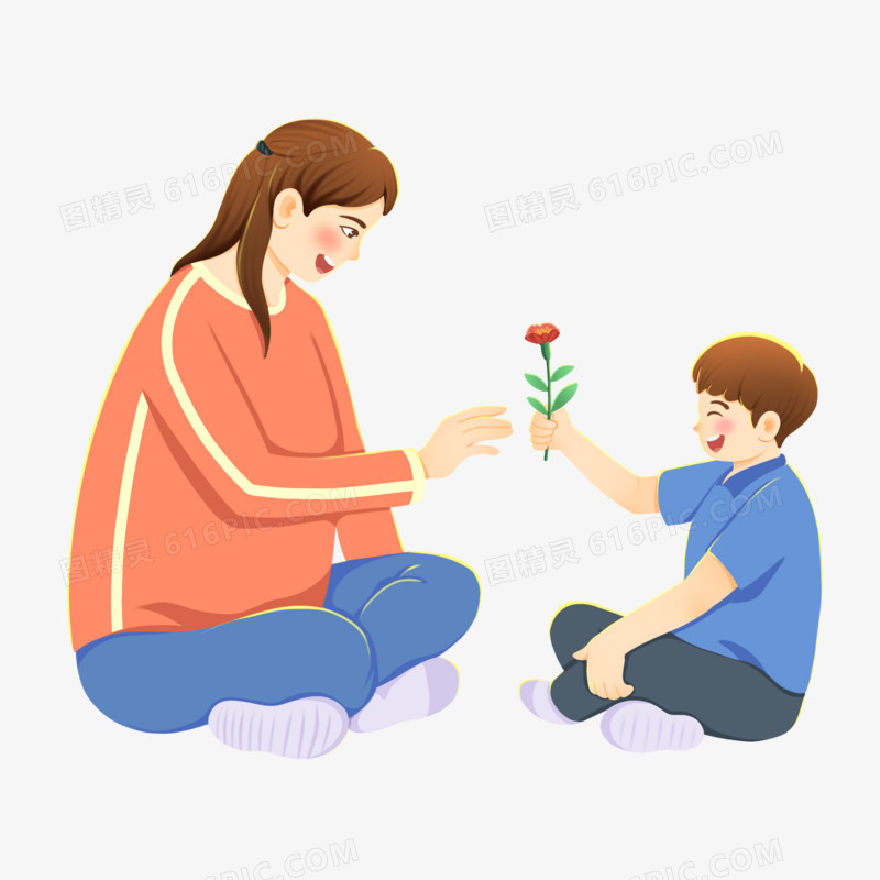 手绘孩子送妈妈鲜花免抠素材