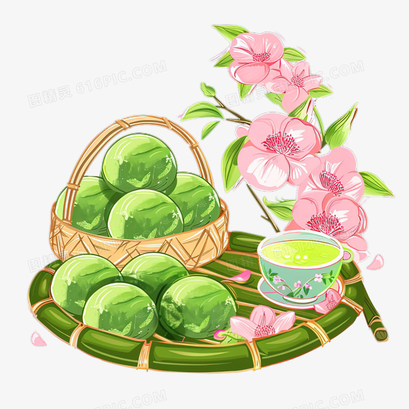 清明节传统美食青团手绘插画风免抠元素