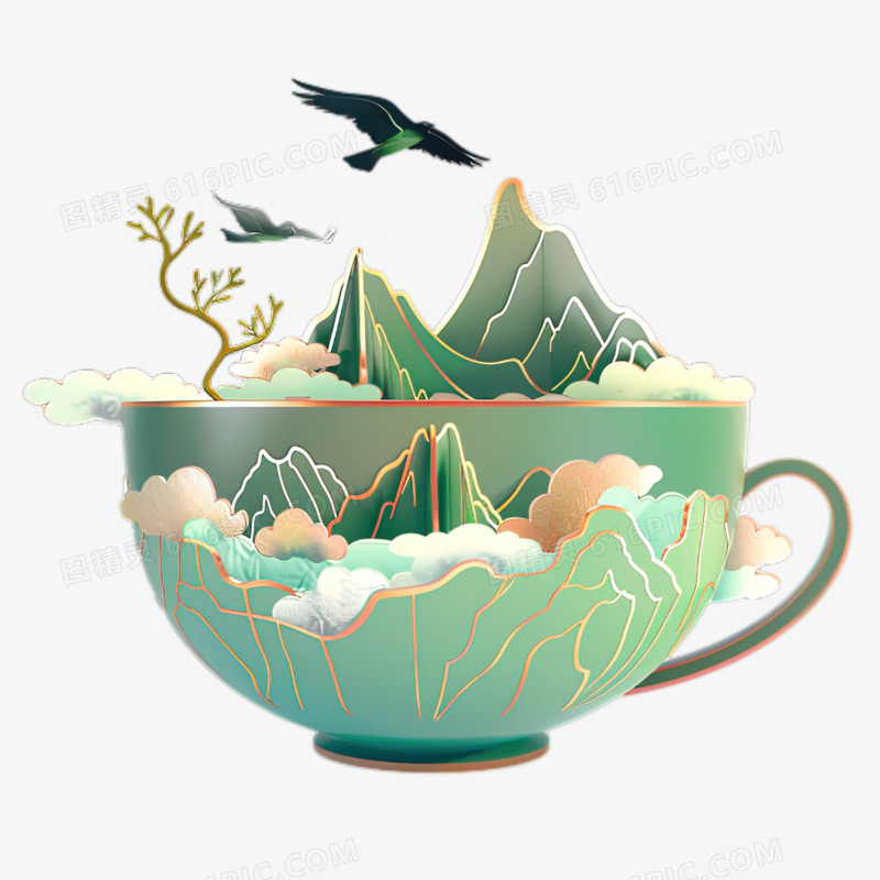 中国风茶杯中的微观山水插画风免抠元素