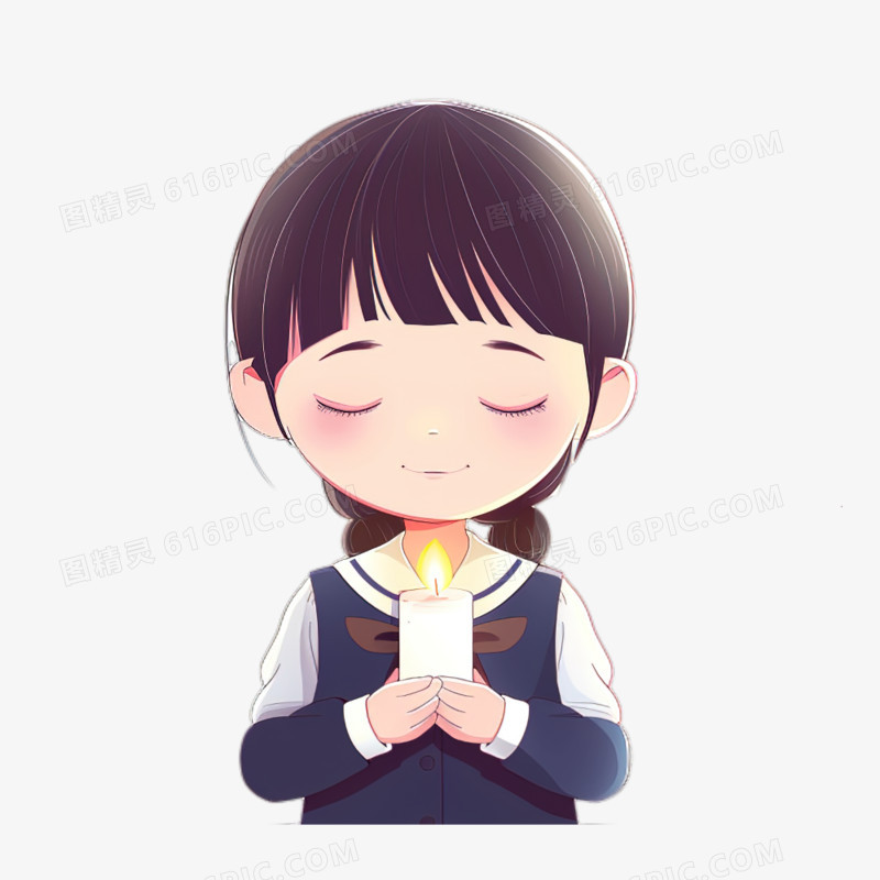 卡通女孩拿着蜡烛缅怀祷告免抠元素