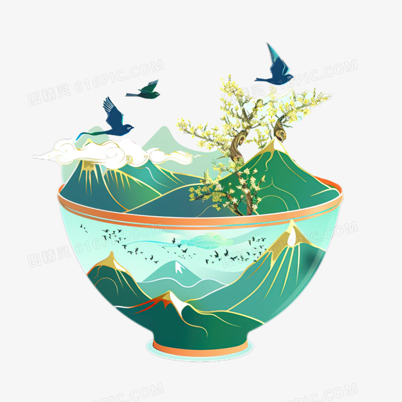 中国风茶杯中的微观山水插画风免抠元素