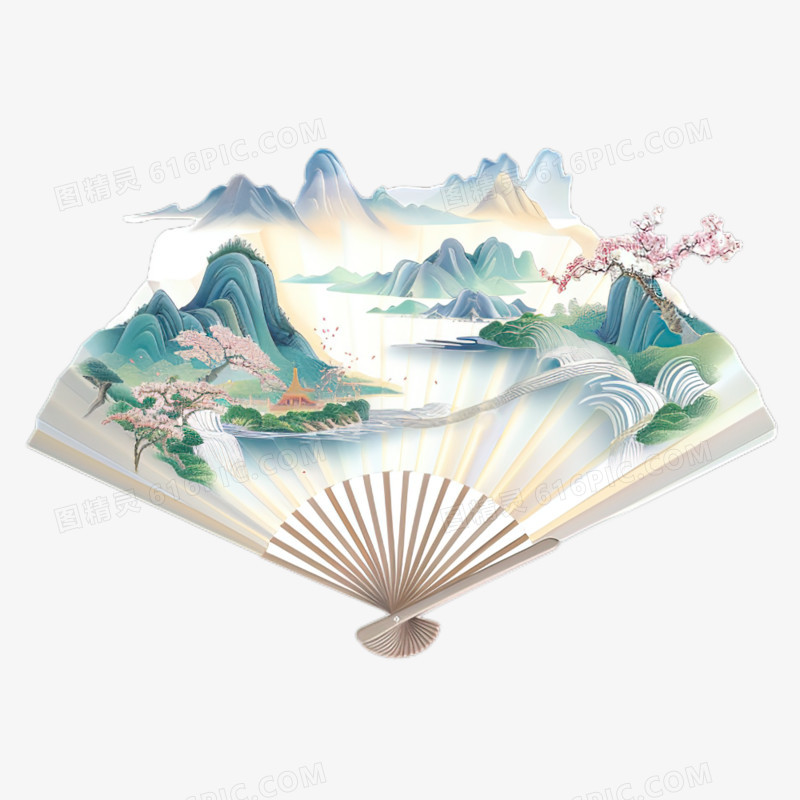 中国风折扇微观山水创意插画免抠元素