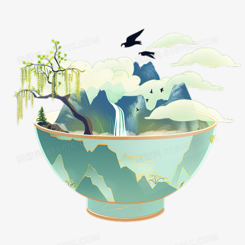 中国风茶杯中的微观山水插画风免抠元素