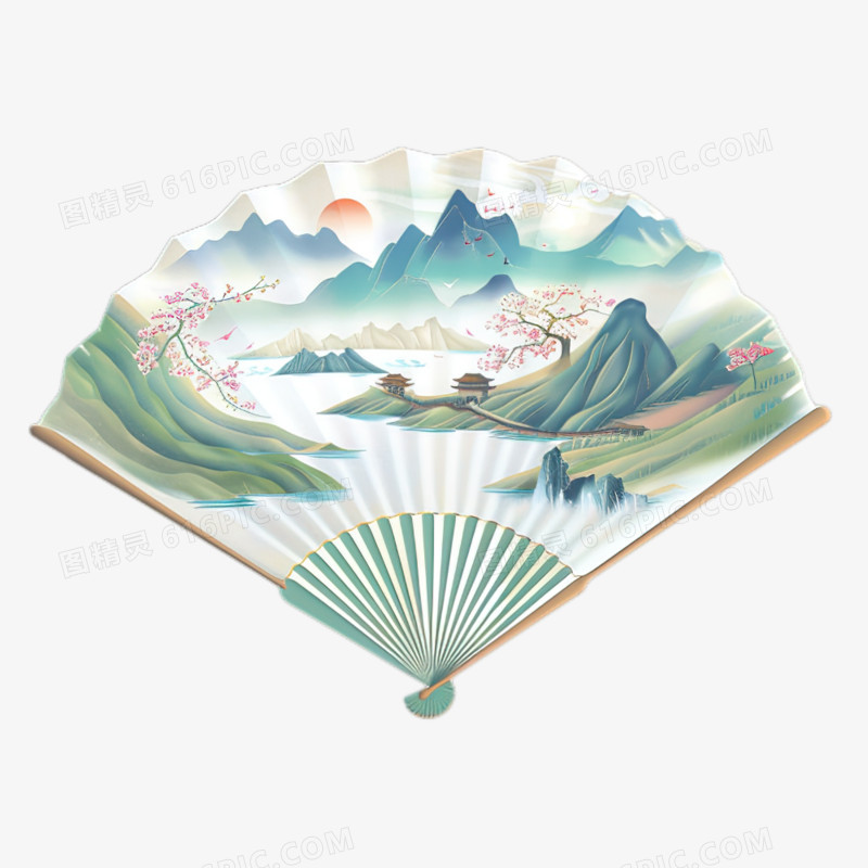 中国风折扇微观山水创意插画免抠元素