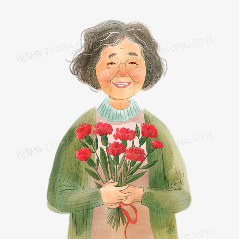 母亲节妈妈拿着一束康乃馨开心的笑免抠元素