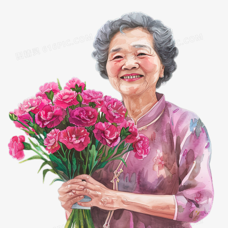 母亲节妈妈拿着一束康乃馨开心的笑免抠元素