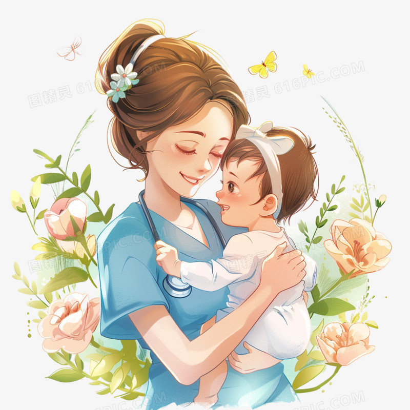 插画护士抱着婴儿免抠素材