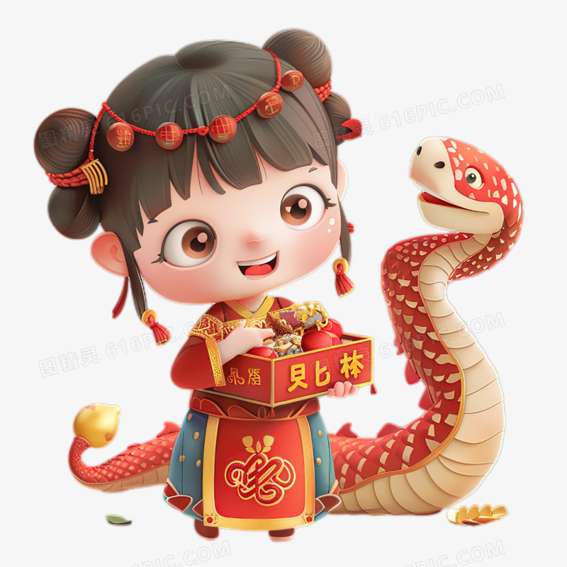 中国春节卡通女孩抱着宝箱蛇年新年元素