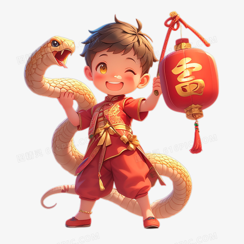 中国春节蛇年卡通男孩新年免抠元素