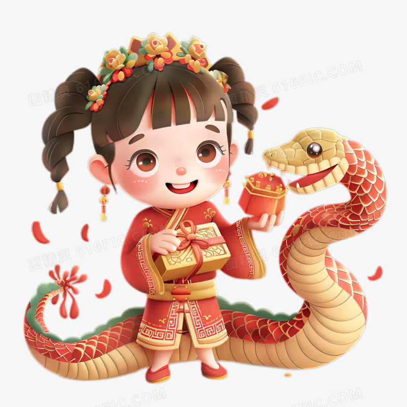 中国春节卡通女孩抱着宝箱蛇年新年元素