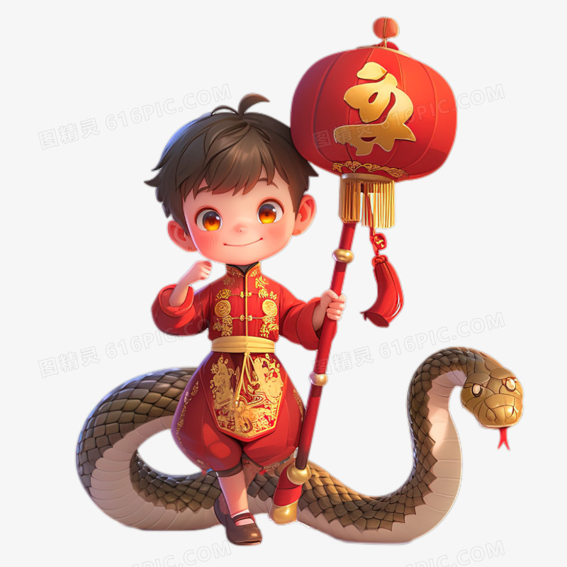 中国春节蛇年卡通男孩新年免抠元素