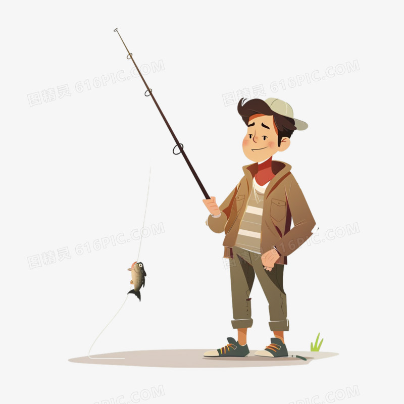 插画人物钓鱼捕鱼免抠元素