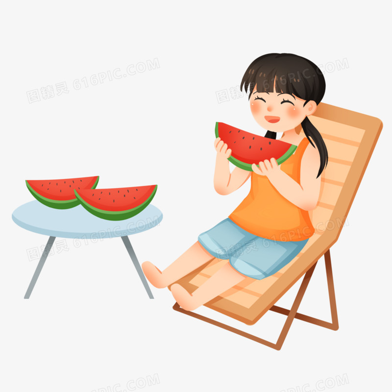 手绘插画夏天女孩乘凉吃西瓜免抠素材