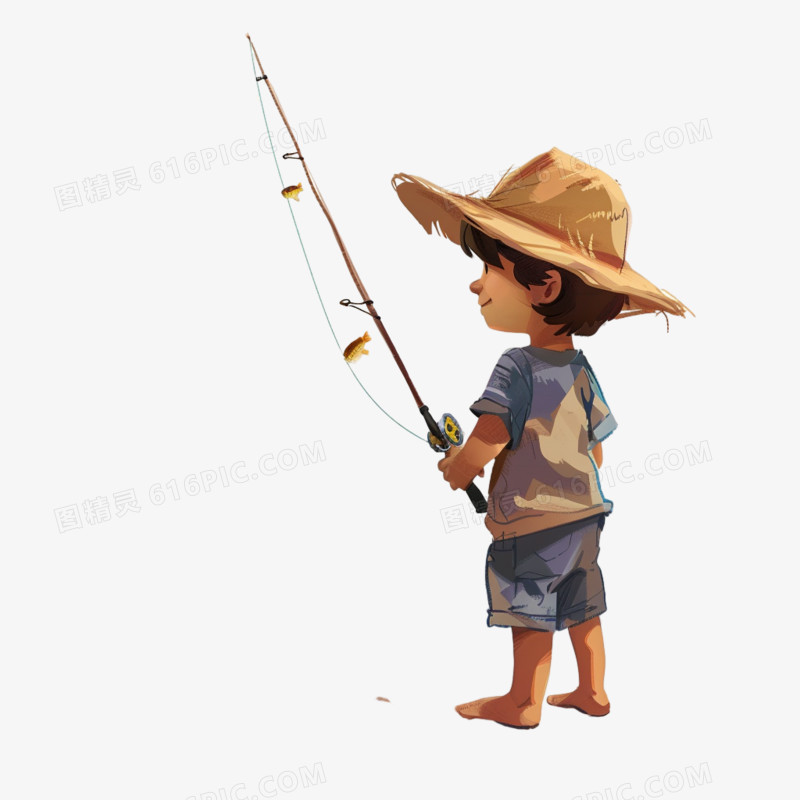 小男孩钓鱼插画免抠元素