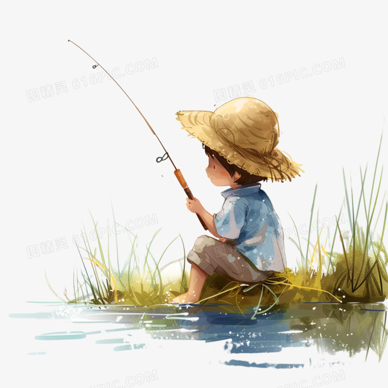 小男孩钓鱼插画免抠元素