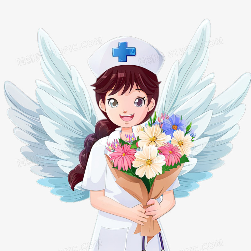 可爱卡通护士抱着一束鲜花开心的笑免抠元素