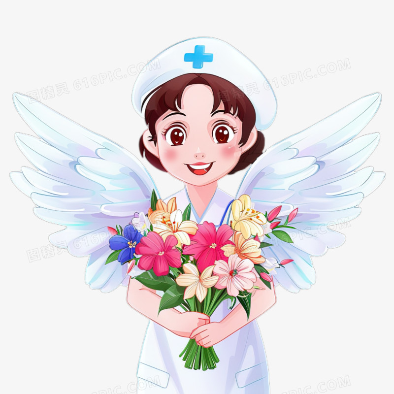可爱卡通护士抱着一束鲜花开心的笑免抠元素