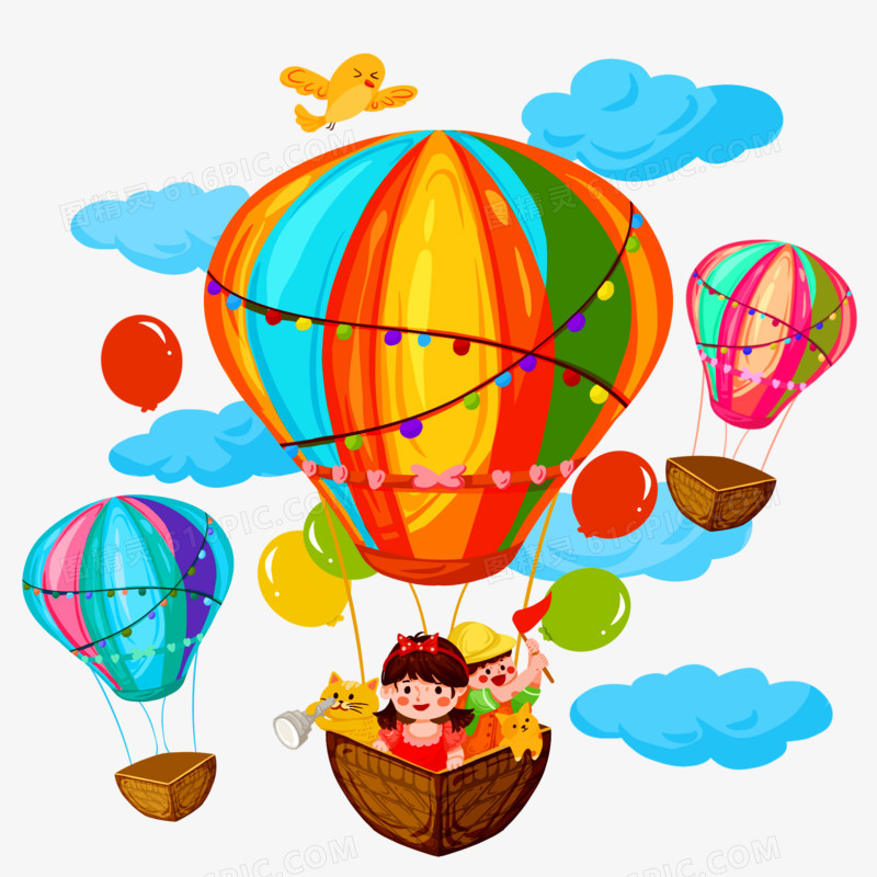 手绘小朋友坐在热气球上免抠元素