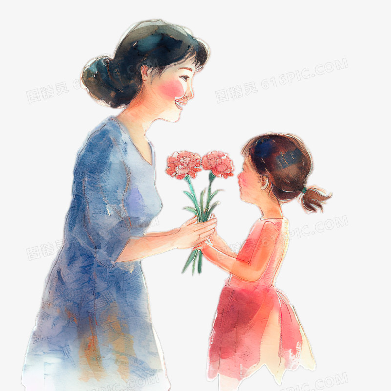 水彩手绘母亲节女孩给妈妈送花卡通元素