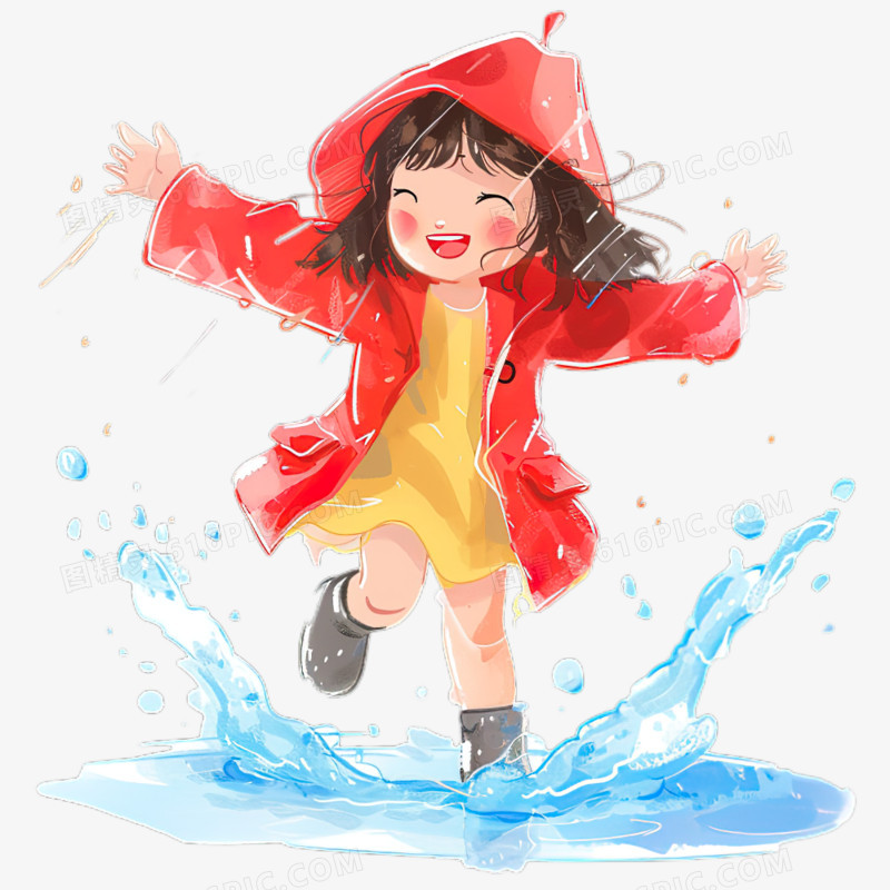 下雨天穿着红色雨衣开心玩水女孩卡通元素