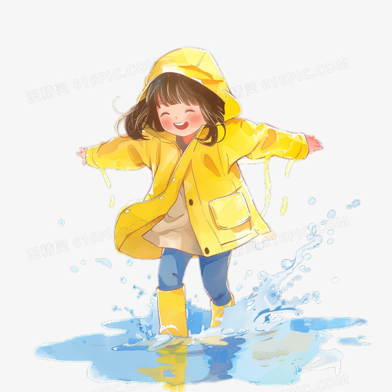 下雨天穿着黄色雨衣开心玩水女孩卡通元素