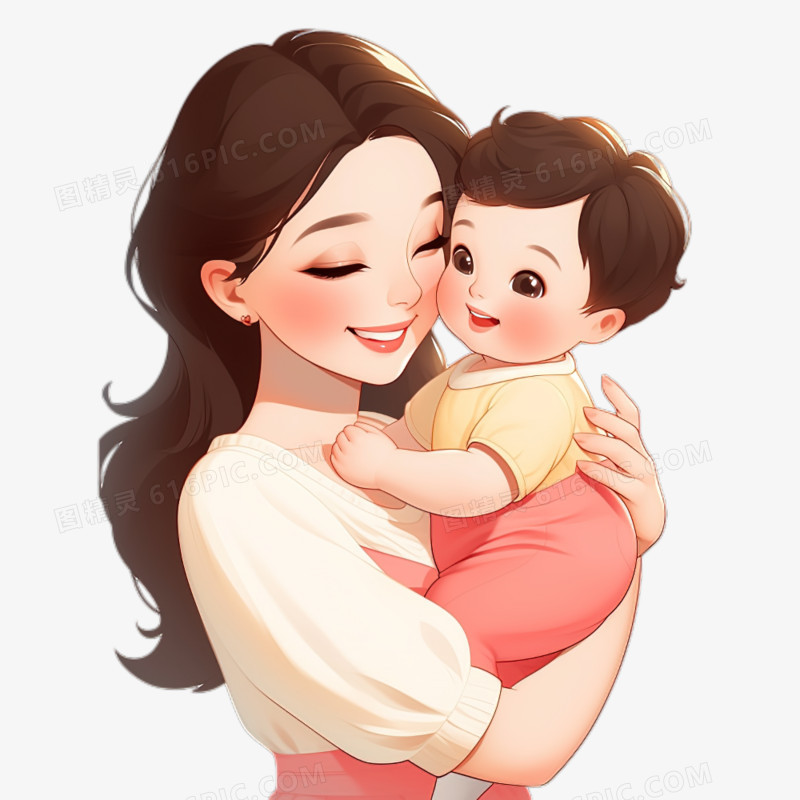 母亲节妈妈温柔的抱着孩子卡通免抠元素