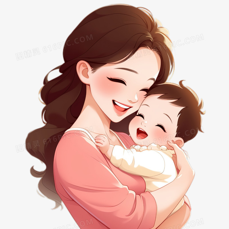 母亲节妈妈温柔的抱着孩子卡通免抠元素