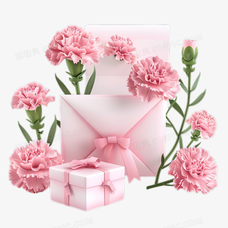 卡通3D母亲节粉色康乃馨精美礼物免抠元素