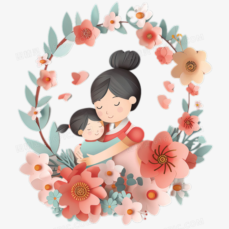 母亲节插画风妈妈拥抱孩子剪纸卡通元素