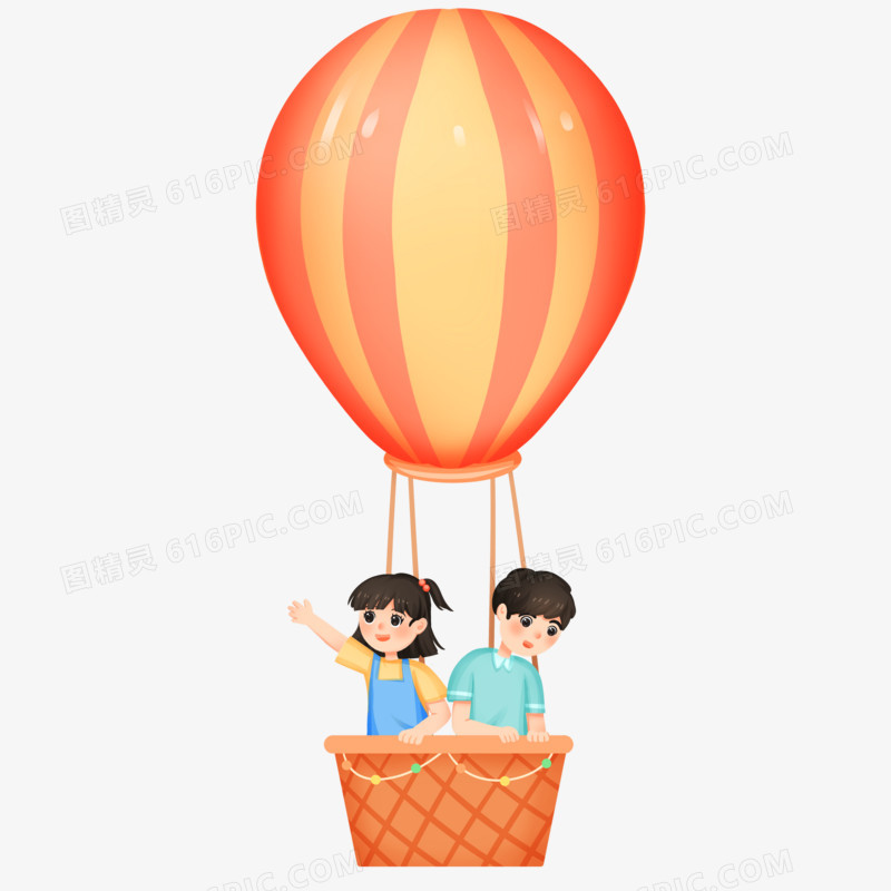 手绘插画小朋友们坐在热气球上免抠素材