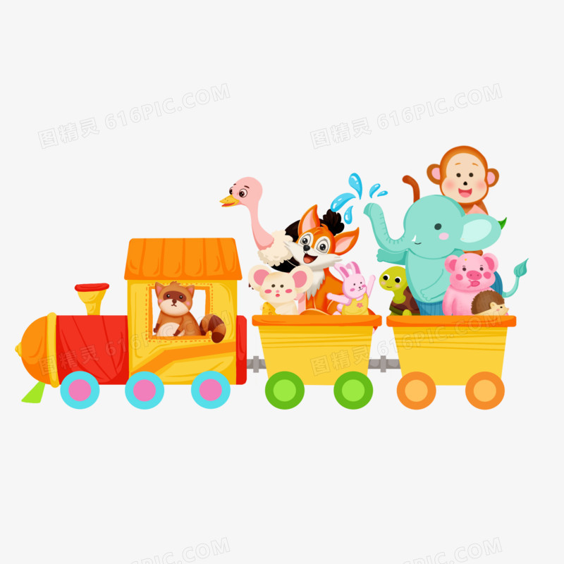 卡通手绘小动物坐火车免抠元素