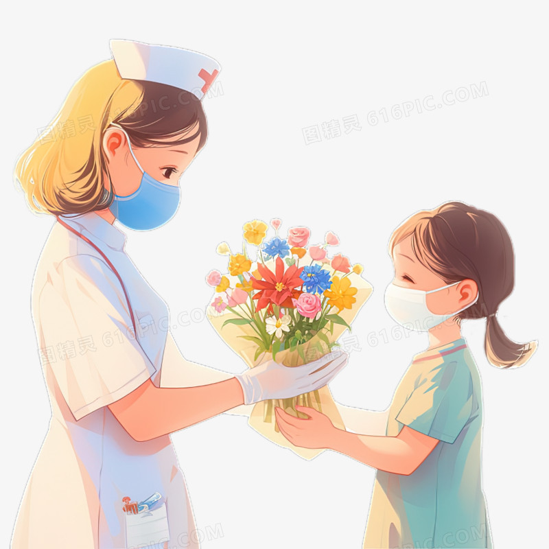 护士节可爱的女孩给护士送花免抠元素