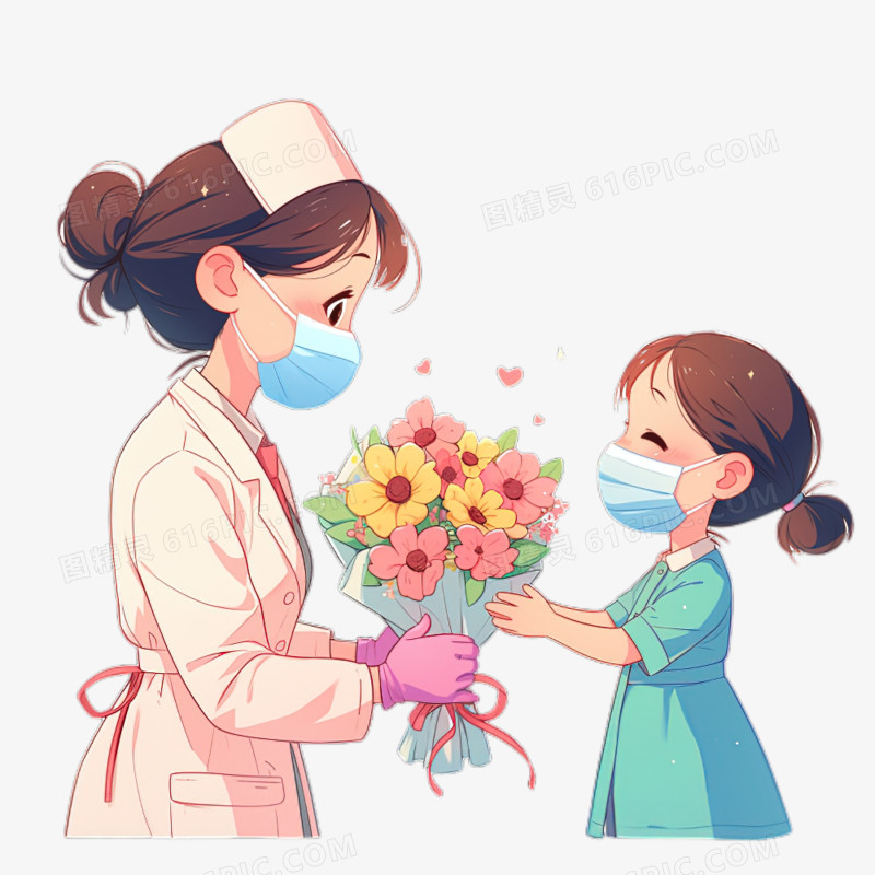 护士节可爱的女孩给护士送花免抠元素