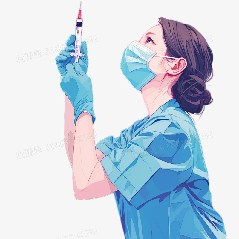 仔细检查针筒的护士医生卡通形象免抠元素