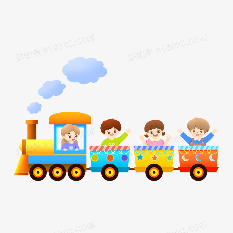 手绘小朋友们开心的坐小火车免抠元素
