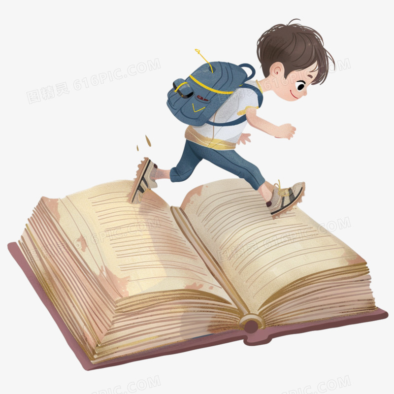 手绘学生在书籍上奔跑免抠元素