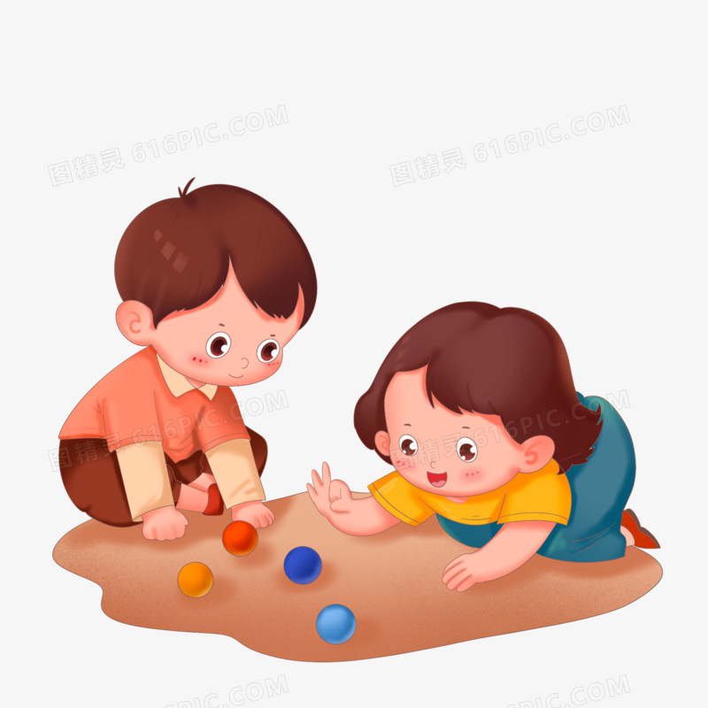 手绘两个小朋友玩弹弹珠免抠元素
