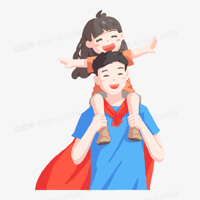 卡通手绘女儿骑在超人爸爸脖子上人物免抠素材
