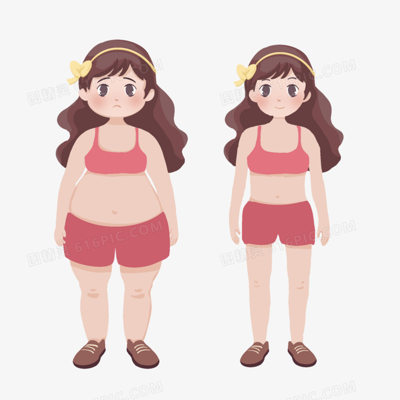 插画女孩减肥前后对比图免抠元素