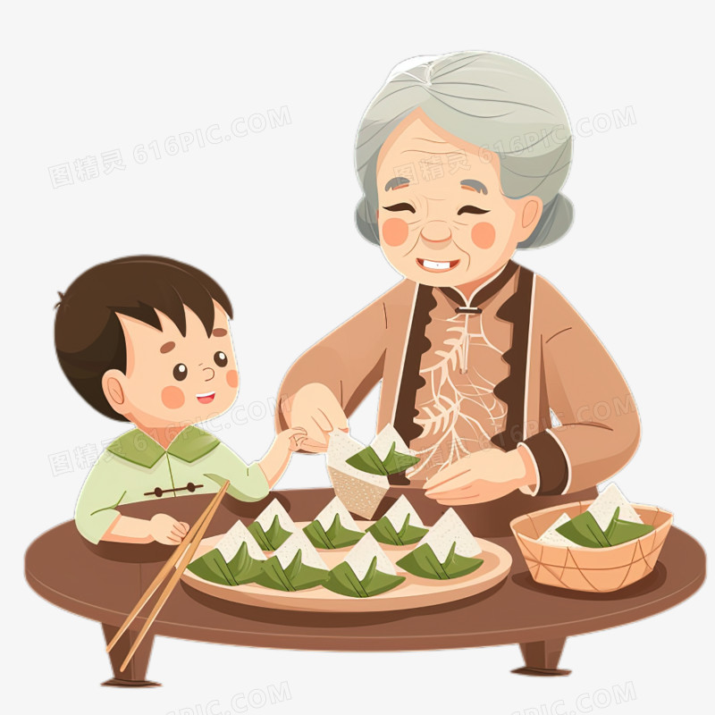 端午节可爱的小朋友和奶奶学包粽子免抠元素