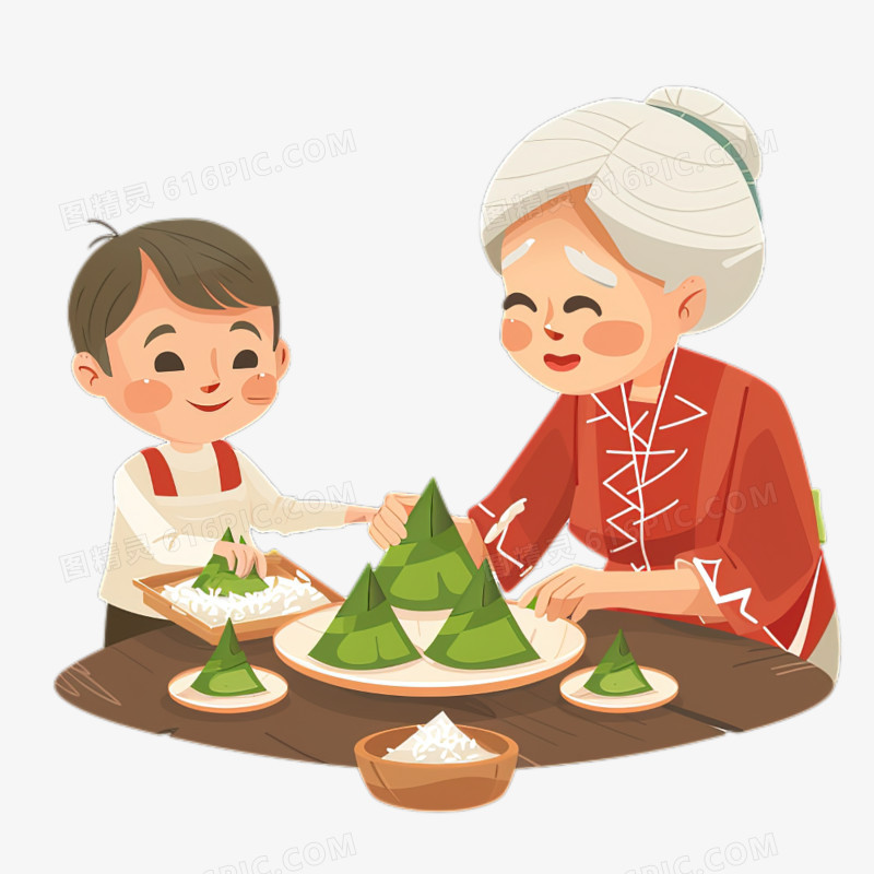 端午节可爱的小朋友和奶奶学包粽子免抠元素