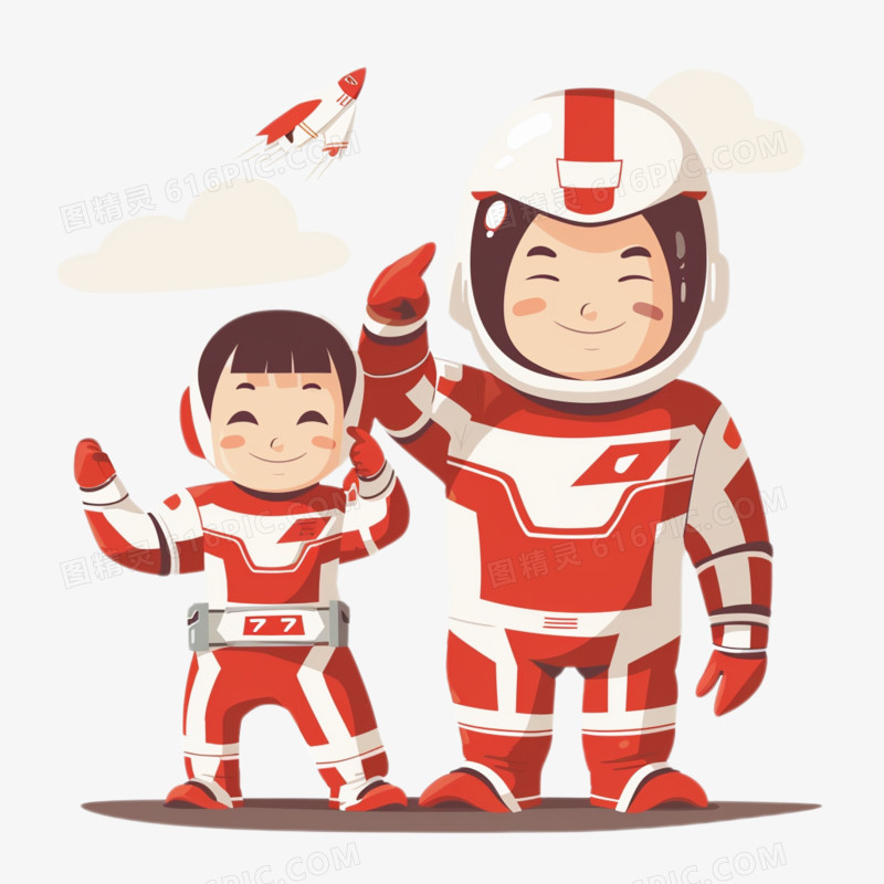 插画风父亲节亲子装红色宇航员服免抠元素