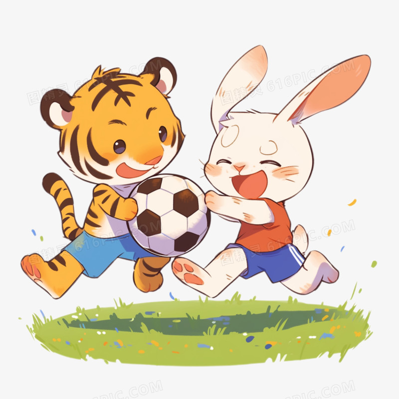 插画风兔子和老虎在玩足球免抠元素