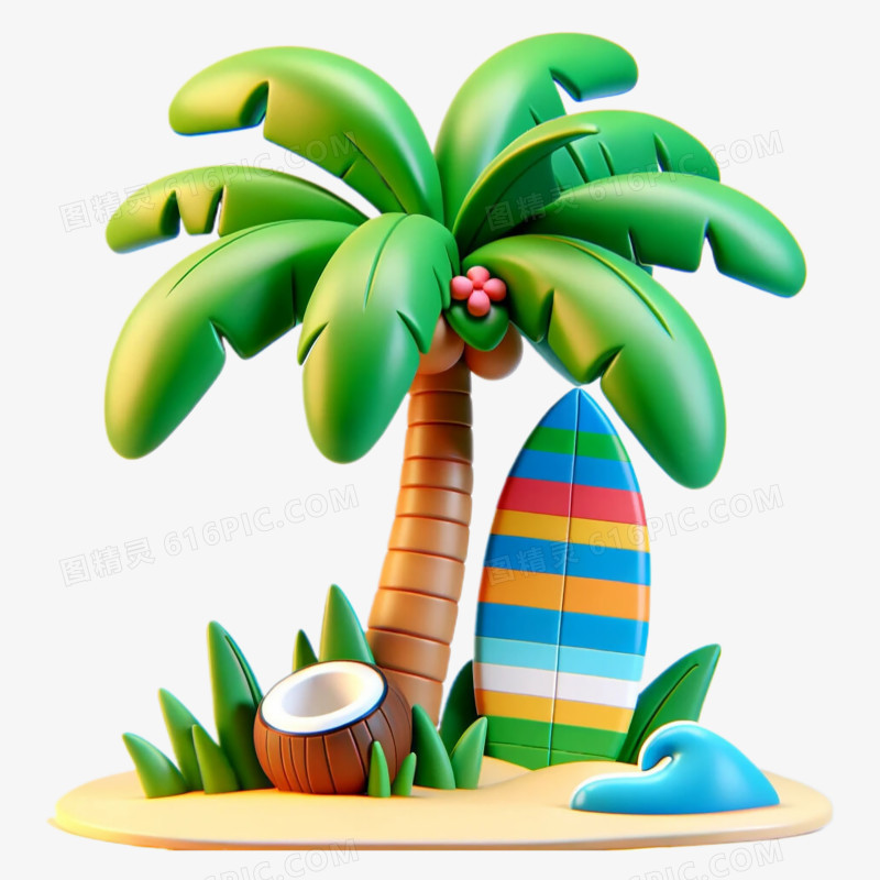 3D立体卡通夏日椰子树免抠元素