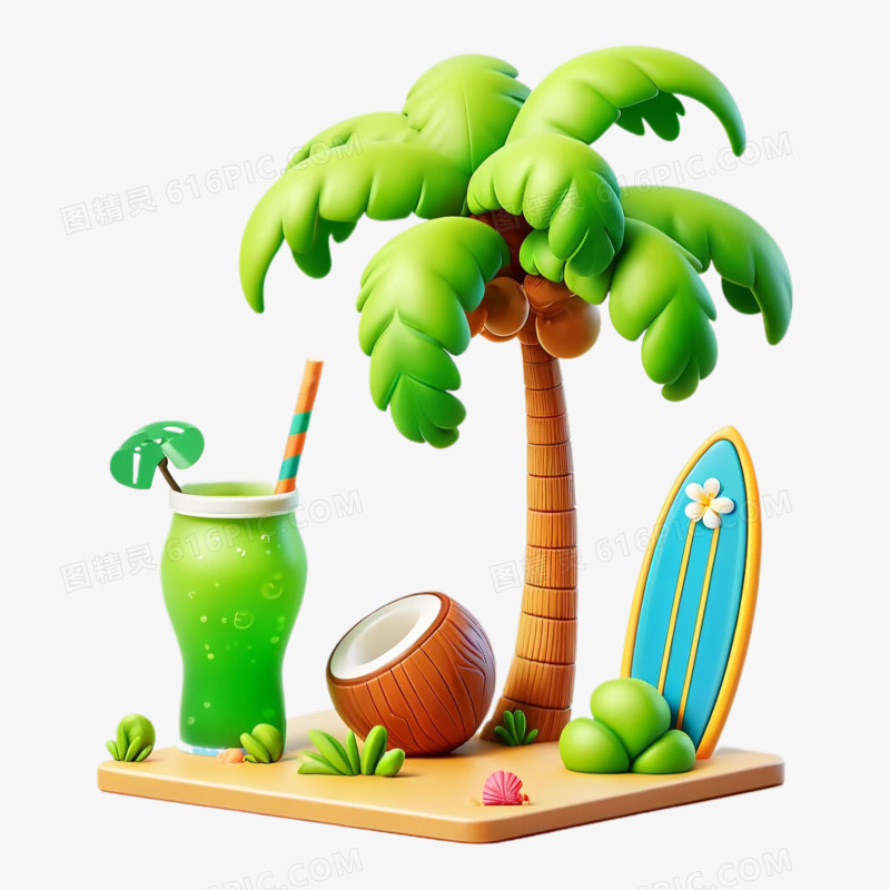 3D立体卡通夏日椰子树免抠元素
