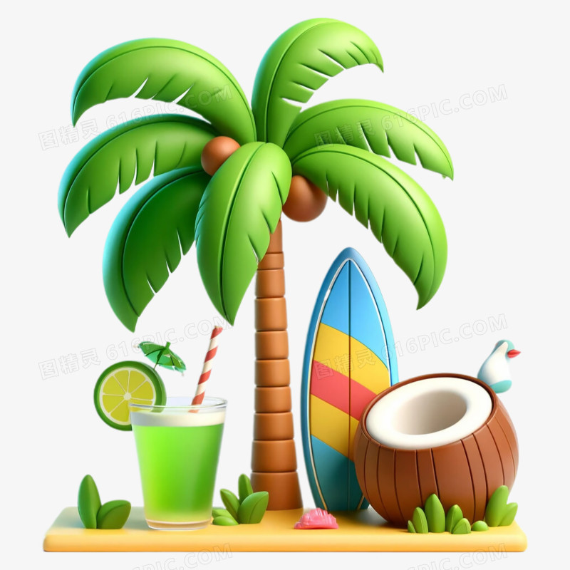 3D立体卡通夏日椰子树免抠元素